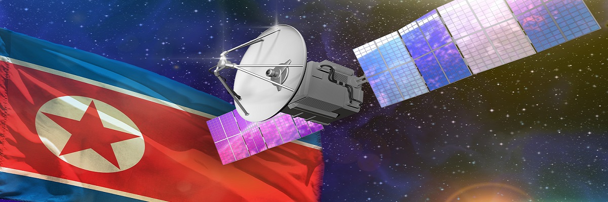 Satellit im Weltraum mit der nordkoreanischen Flagge